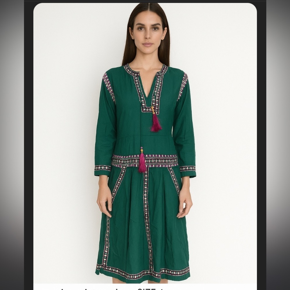 Kas New York embroidered green boho tassel long sleeve dress anthro summer $259